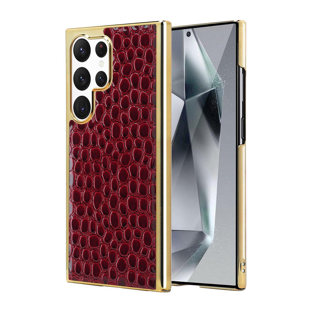 For Galaxy S24 Ultra 5G Pearl Crocodile Texture Electroplated Frame PC + Vegan Leather Phone Case - Red - EDA009690003D