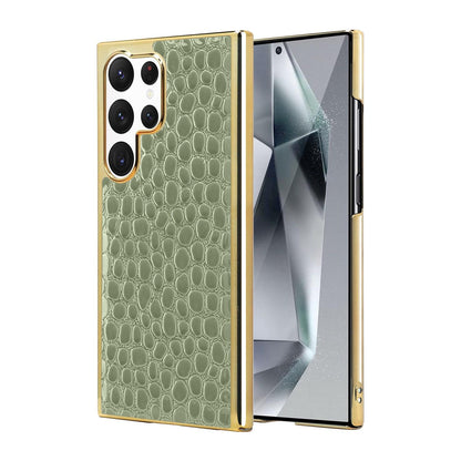 For Galaxy S24 Ultra 5G Pearl Crocodile Texture Electroplated Frame PC + Vegan Leather Phone Case - Green - EDA009690003E