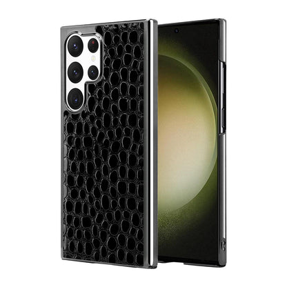 For Galaxy S23 Ultra 5G Pearl Crocodile Texture Electroplated Frame PC + Vegan Leather Phone Case - Black - EDA009690005B