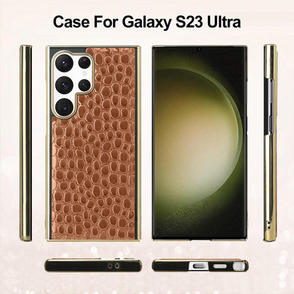 For Galaxy S23 Ultra 5G Pearl Crocodile Texture Electroplated Frame PC + Vegan Leather Phone Case - Brown - EDA009690005C