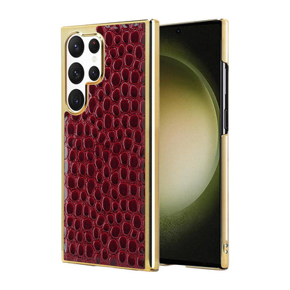 For Galaxy S23 Ultra 5G Pearl Crocodile Texture Electroplated Frame PC + Vegan Leather Phone Case - Red - EDA009690005D