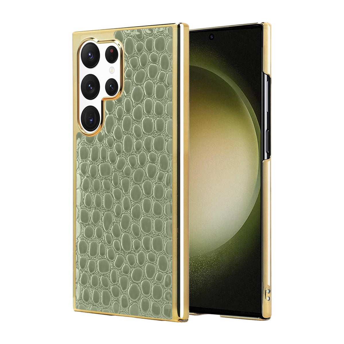 For Galaxy S23 Ultra 5G Pearl Crocodile Texture Electroplated Frame PC + Vegan Leather Phone Case - Green - EDA009690005E