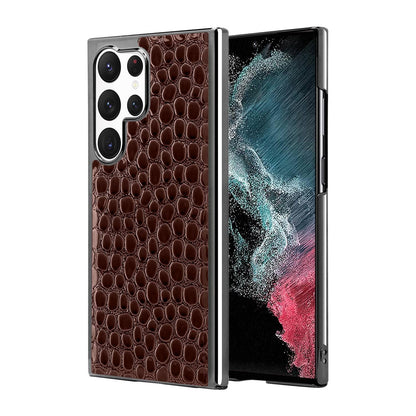 For Galaxy S22 Ultra 5G Pearl Crocodile Texture Electroplated Frame PC + Vegan Leather Phone Case - Dark Brown - EDA009690007A