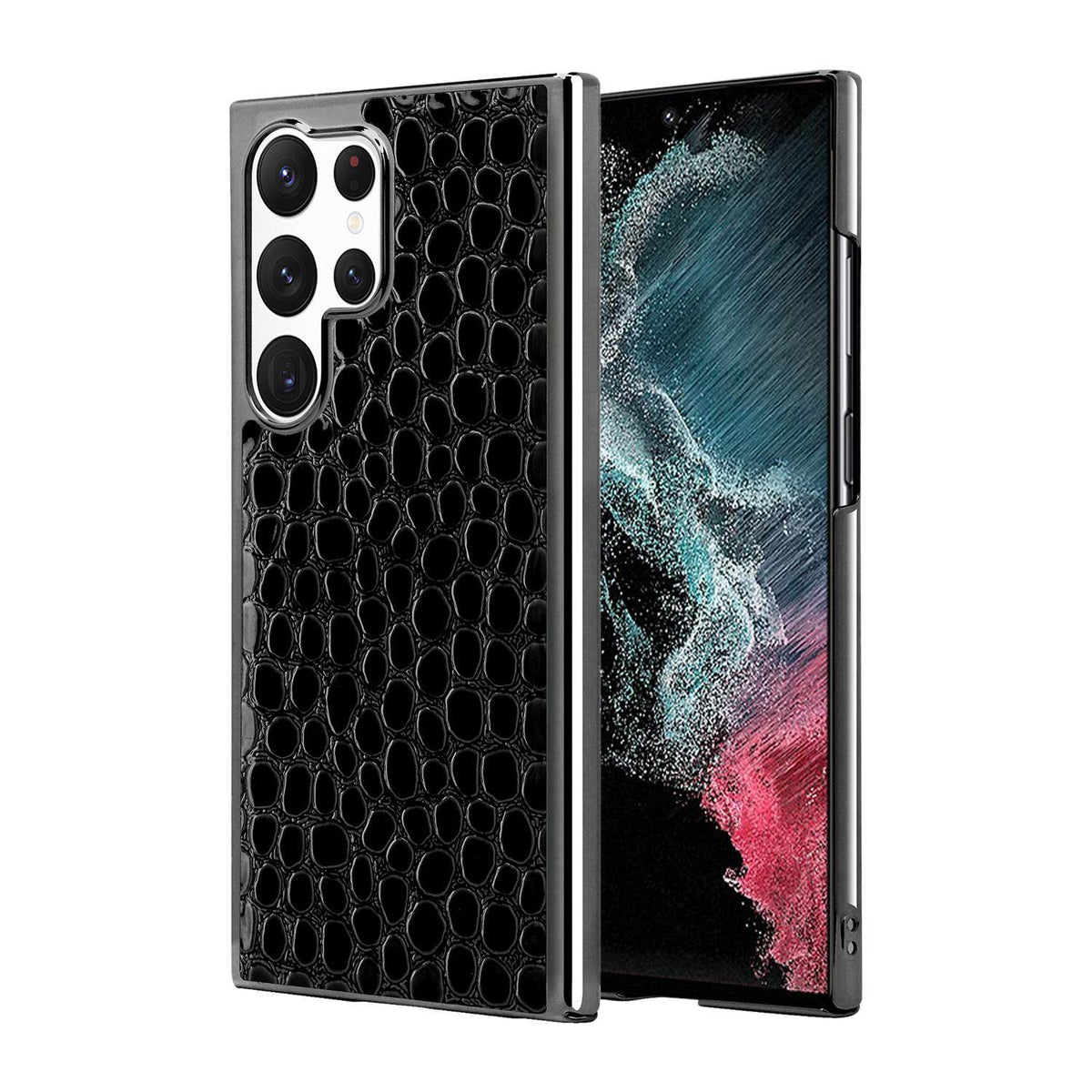 For Galaxy S22 Ultra 5G Pearl Crocodile Texture Electroplated Frame PC + Vegan Leather Phone Case - Black - EDA009690007B