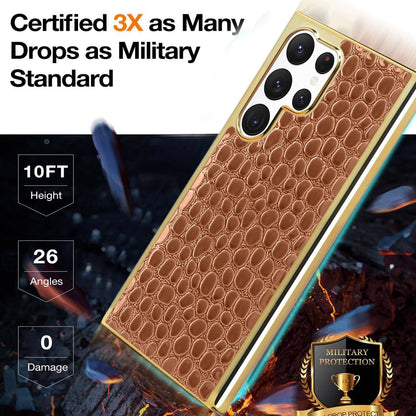 For Galaxy S22 Ultra 5G Pearl Crocodile Texture Electroplated Frame PC + Vegan Leather Phone Case - Black - EDA009690007B