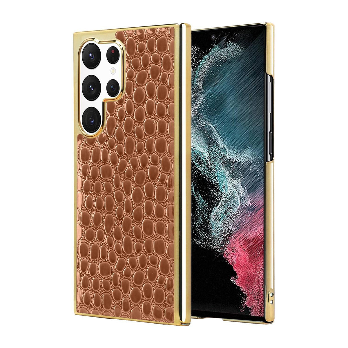For Galaxy S22 Ultra 5G Pearl Crocodile Texture Electroplated Frame PC + Vegan Leather Phone Case - Brown - EDA009690007C