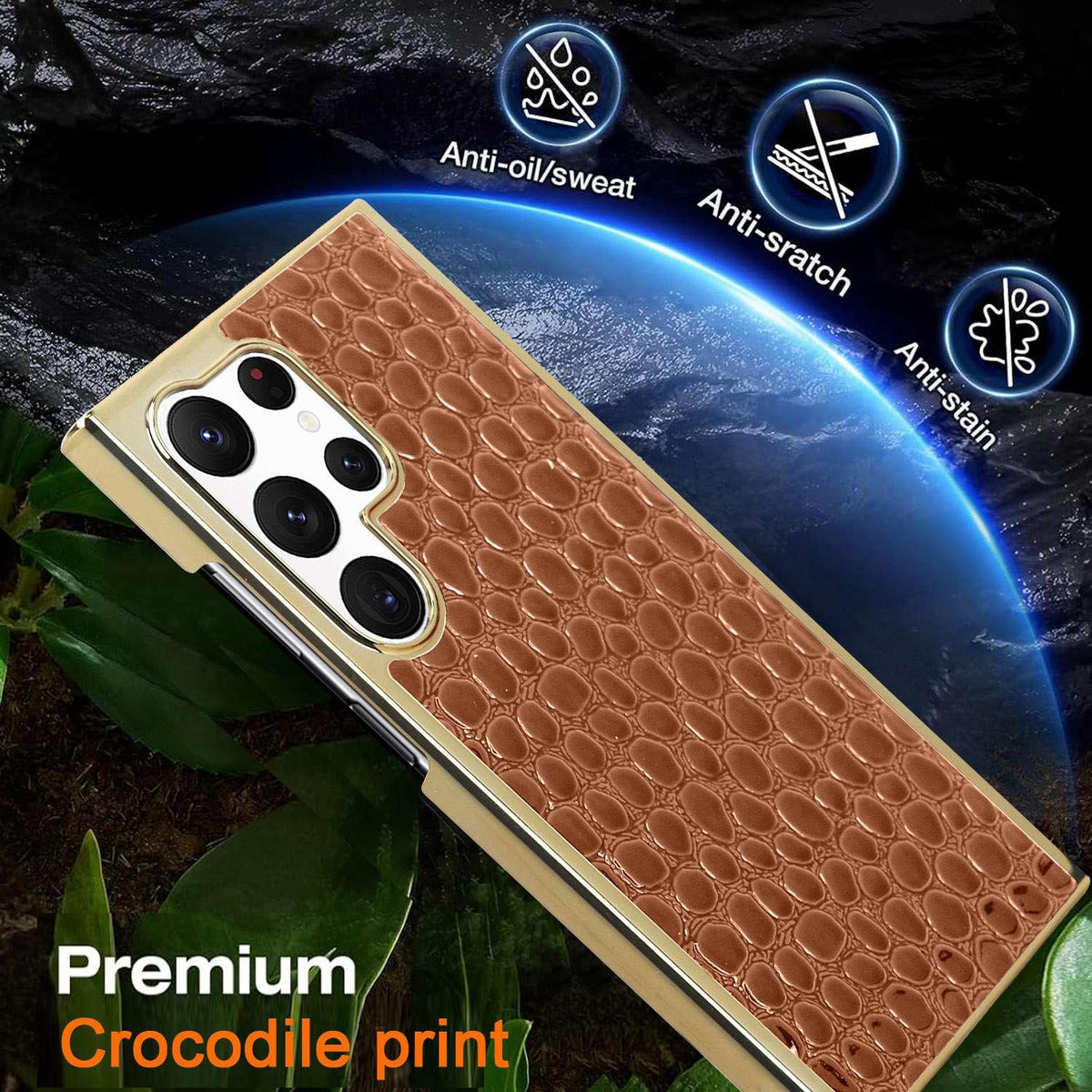 For Galaxy S22 Ultra 5G Pearl Crocodile Texture Electroplated Frame PC + Vegan Leather Phone Case - Brown - EDA009690007C