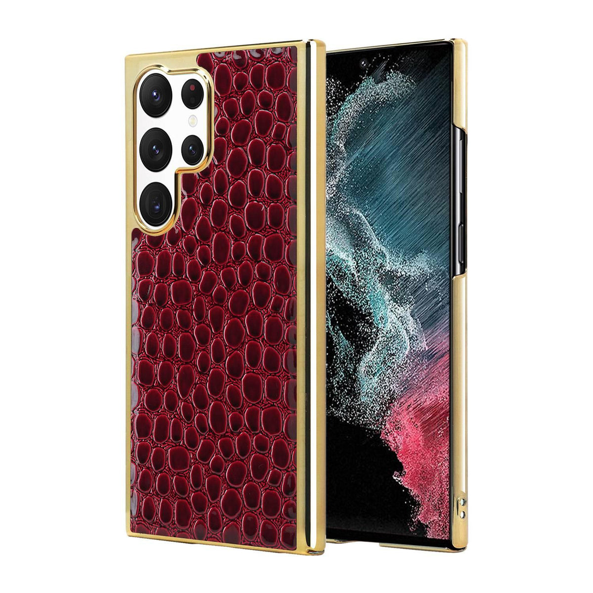 For Galaxy S22 Ultra 5G Pearl Crocodile Texture Electroplated Frame PC + Vegan Leather Phone Case - Red - EDA009690007D