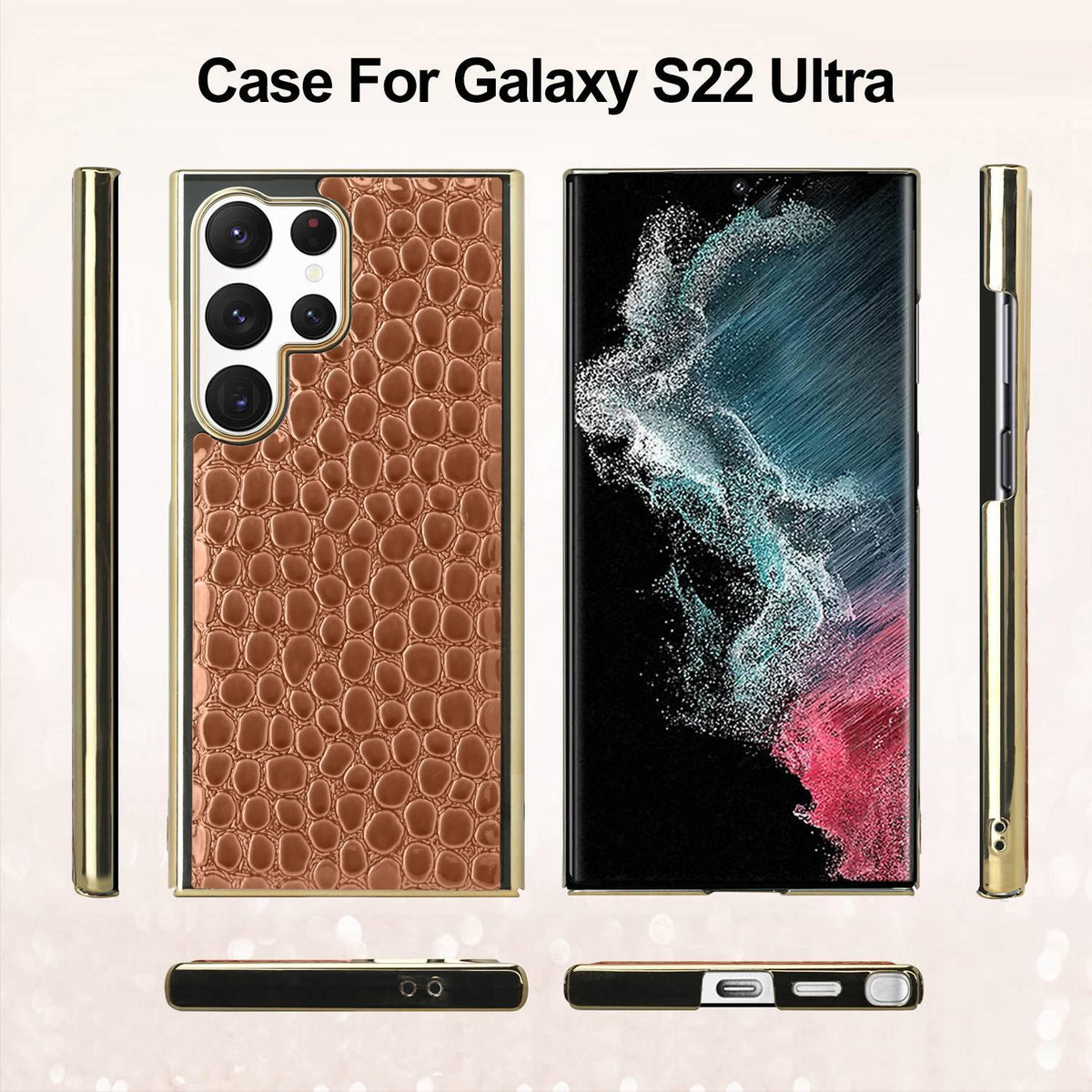 For Galaxy S22 Ultra 5G Pearl Crocodile Texture Electroplated Frame PC + Vegan Leather Phone Case - Red - EDA009690007D