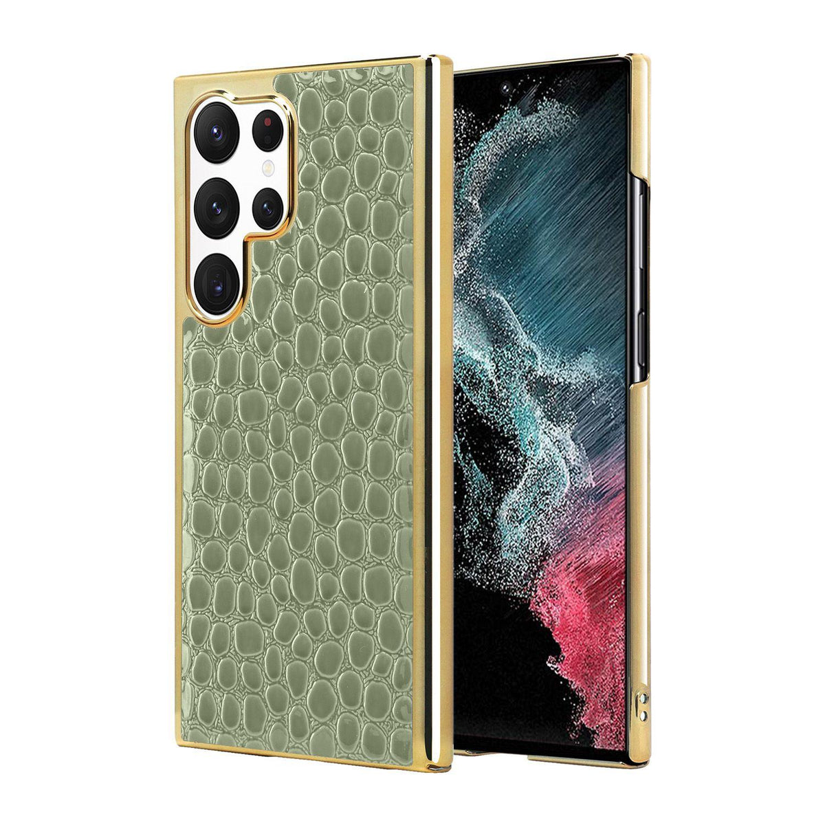 For Galaxy S22 Ultra 5G Pearl Crocodile Texture Electroplated Frame PC + Vegan Leather Phone Case - Green - EDA009690007E