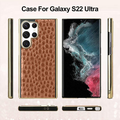 For Galaxy S22 Ultra 5G Pearl Crocodile Texture Electroplated Frame PC + Vegan Leather Phone Case - Green - EDA009690007E
