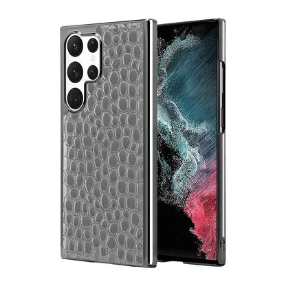 For Galaxy S22 Ultra 5G Pearl Crocodile Texture Electroplated Frame PC + Vegan Leather Phone Case - Gray - EDA009690007F