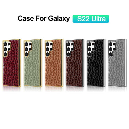 For Galaxy S22 Ultra 5G Pearl Crocodile Texture Electroplated Frame PC + Vegan Leather Phone Case - Gray - EDA009690007F