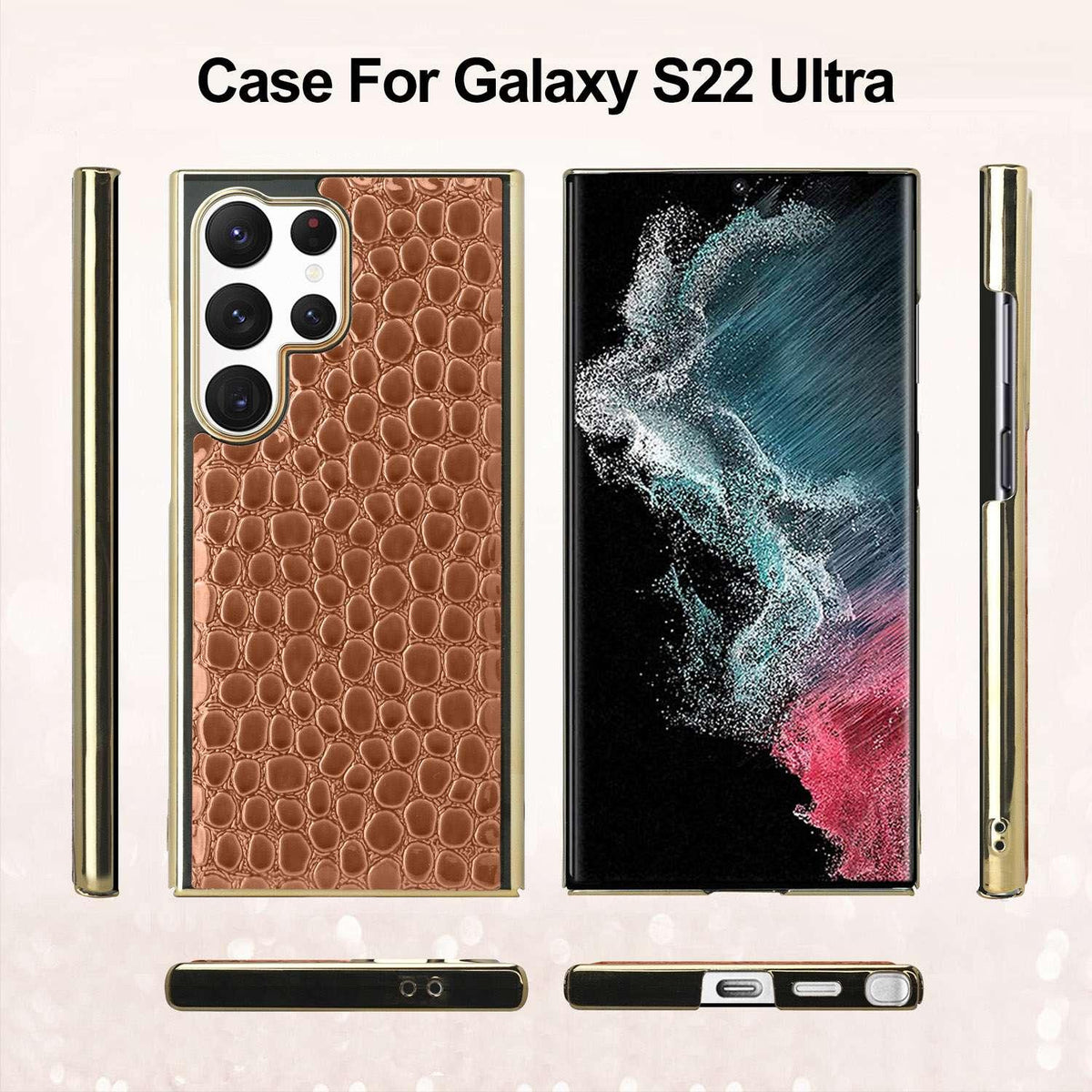 For Galaxy S22 Ultra 5G Pearl Crocodile Texture Electroplated Frame PC + Vegan Leather Phone Case - Gray - EDA009690007F
