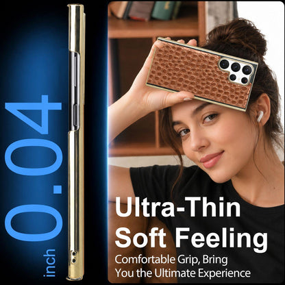 For Galaxy S22 Ultra 5G Pearl Crocodile Texture Electroplated Frame PC + Vegan Leather Phone Case - Gray - EDA009690007F