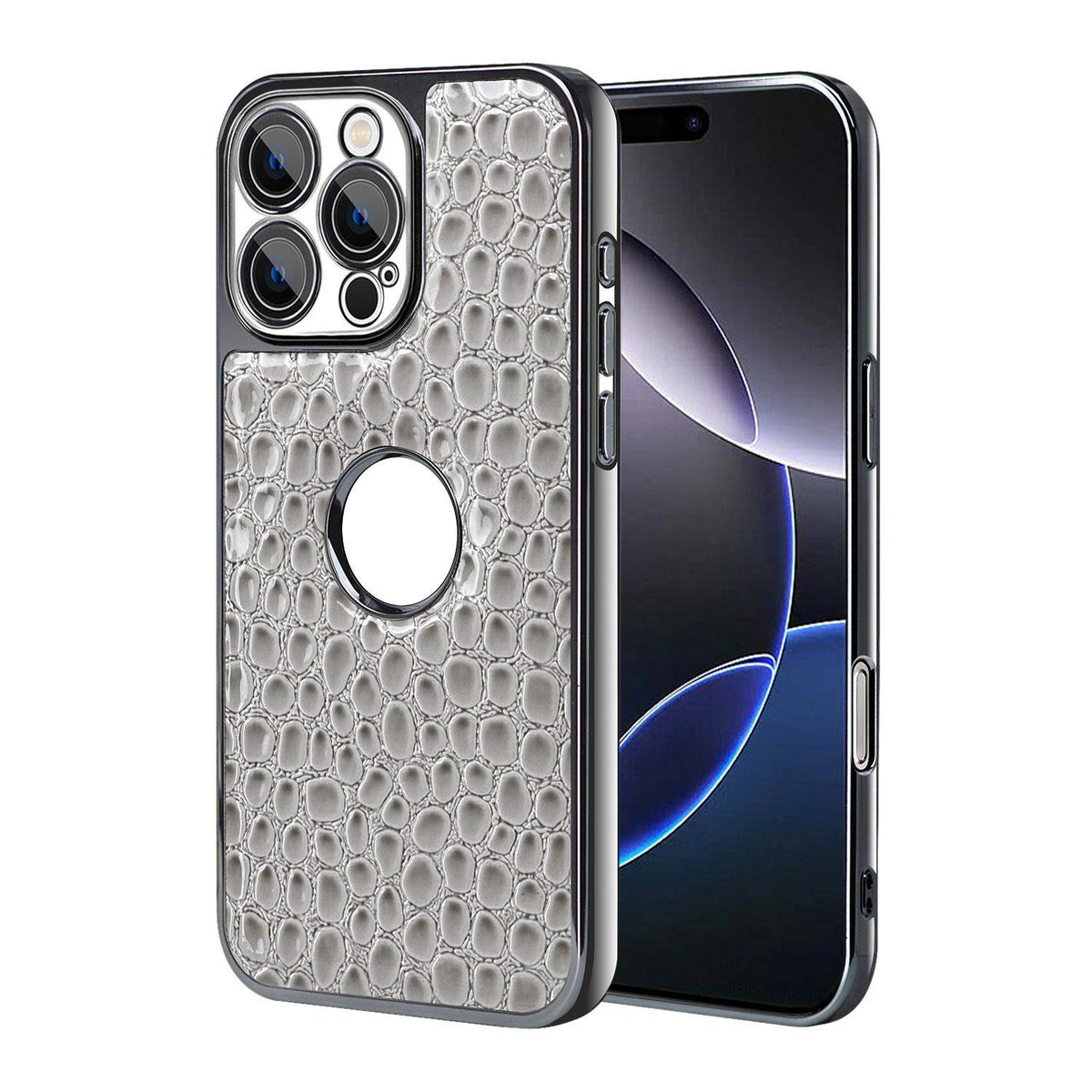 For iPhone 16 Pro Max Pearl Crocodile Texture Electroplated Frame PC + Vegan Leather Phone Case - Gray - EDA009690101A