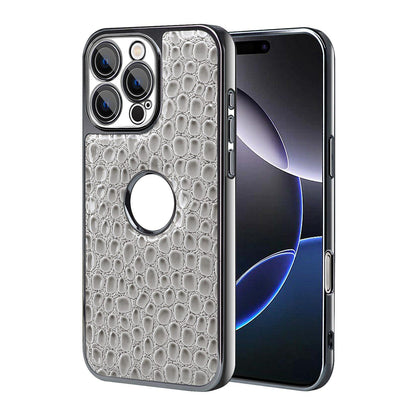 For iPhone 16 Pro Max Pearl Crocodile Texture Electroplated Frame PC + Vegan Leather Phone Case - Gray - EDA009690101A