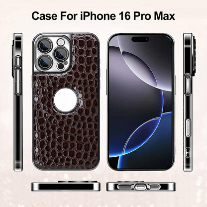 For iPhone 16 Pro Max Pearl Crocodile Texture Electroplated Frame PC + Vegan Leather Phone Case - Gray - EDA009690101A