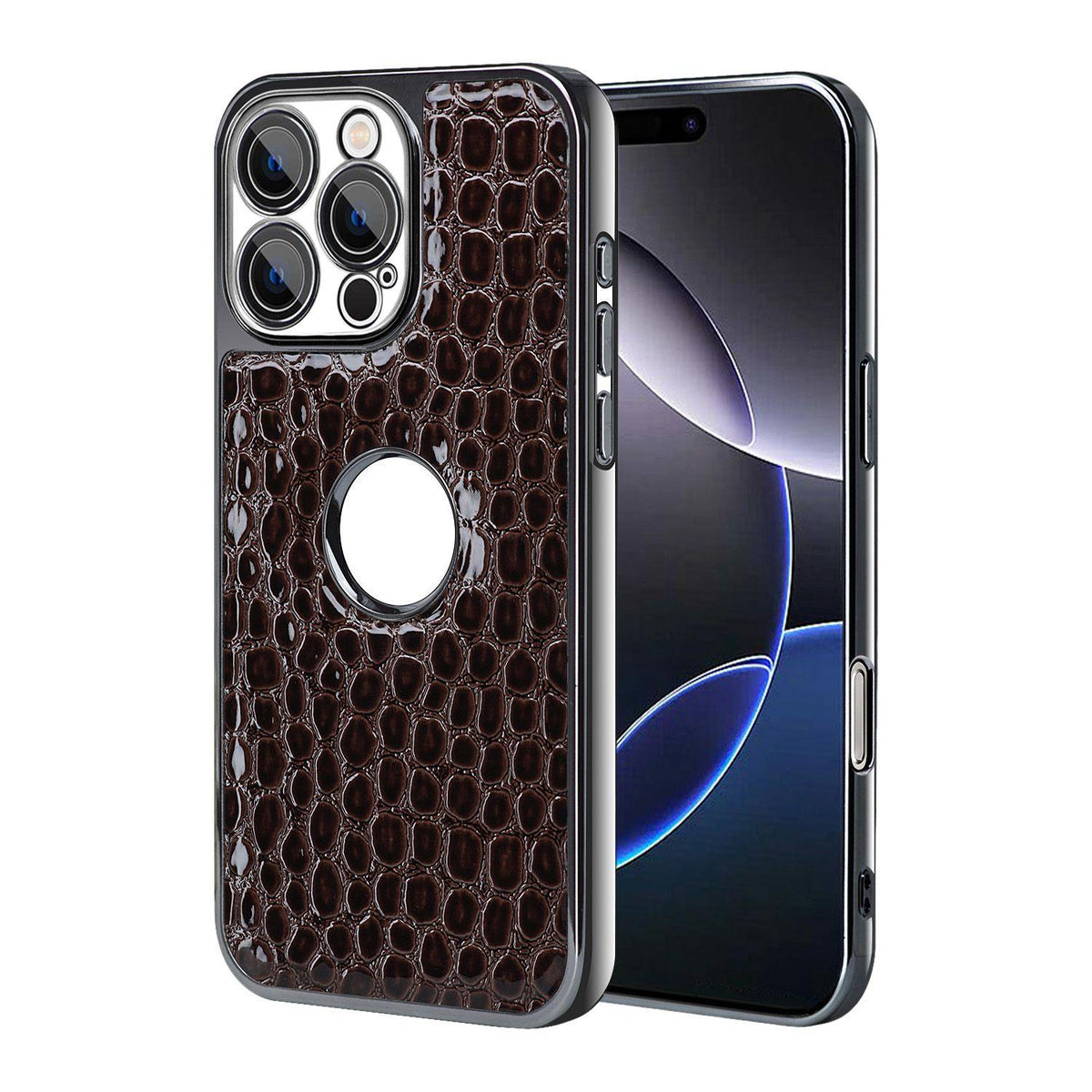 For iPhone 16 Pro Max Pearl Crocodile Texture Electroplated Frame PC + Vegan Leather Phone Case - Dark Brown - EDA009690101B