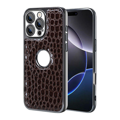 For iPhone 16 Pro Max Pearl Crocodile Texture Electroplated Frame PC + Vegan Leather Phone Case - Dark Brown - EDA009690101B
