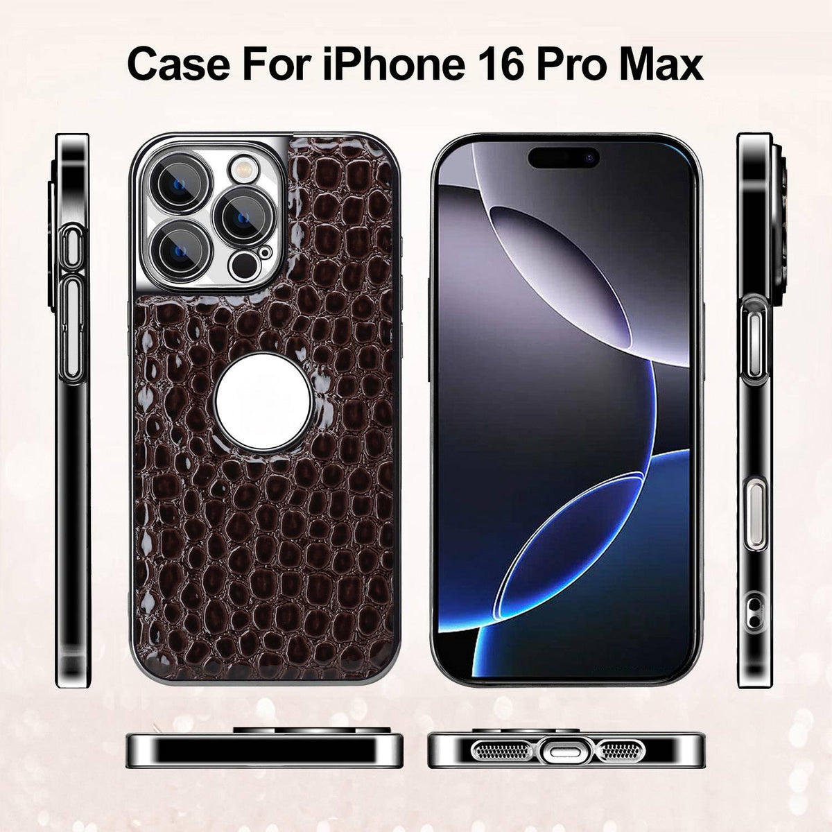 For iPhone 16 Pro Max Pearl Crocodile Texture Electroplated Frame PC + Vegan Leather Phone Case - Dark Brown - EDA009690101B