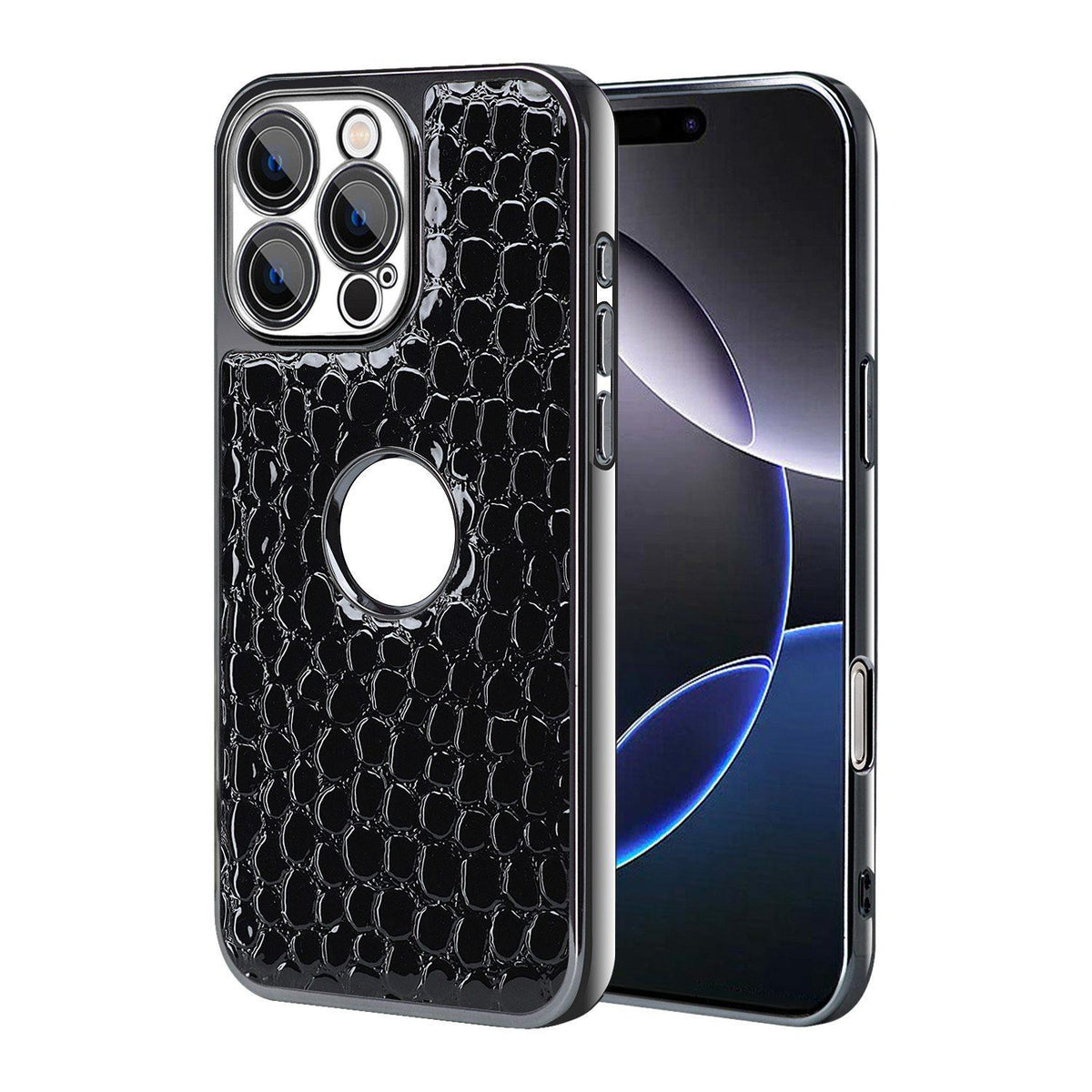 For iPhone 16 Pro Max Pearl Crocodile Texture Electroplated Frame PC + Vegan Leather Phone Case - Black - EDA009690101C