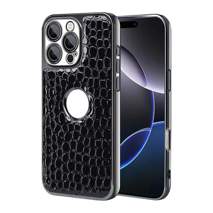 For iPhone 16 Pro Max Pearl Crocodile Texture Electroplated Frame PC + Vegan Leather Phone Case - Black - EDA009690101C