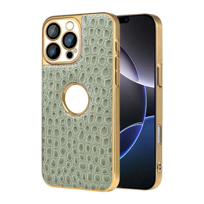 For iPhone 16 Pro Max Pearl Crocodile Texture Electroplated Frame PC + Vegan Leather Phone Case - Green - EDA009690101D