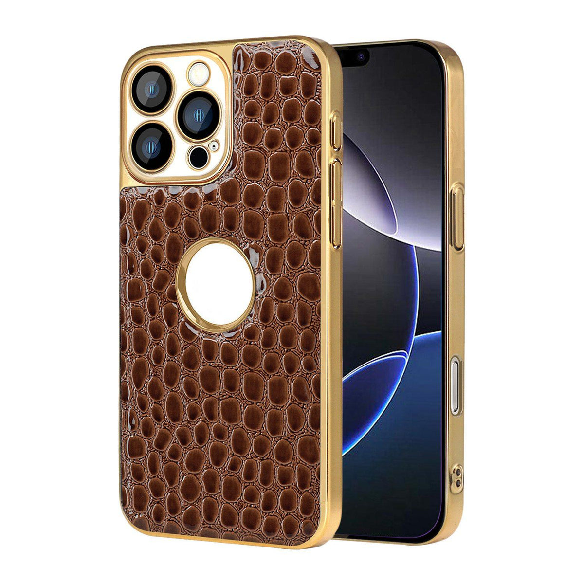 For iPhone 16 Pro Max Pearl Crocodile Texture Electroplated Frame PC + Vegan Leather Phone Case - Brown - EDA009690101E