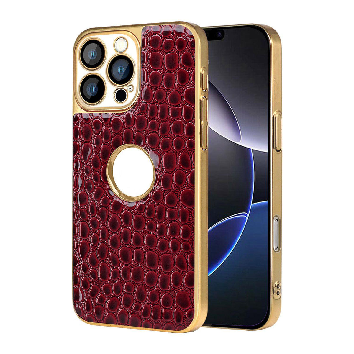 For iPhone 16 Pro Max Pearl Crocodile Texture Electroplated Frame PC + Vegan Leather Phone Case - Red - EDA009690101F