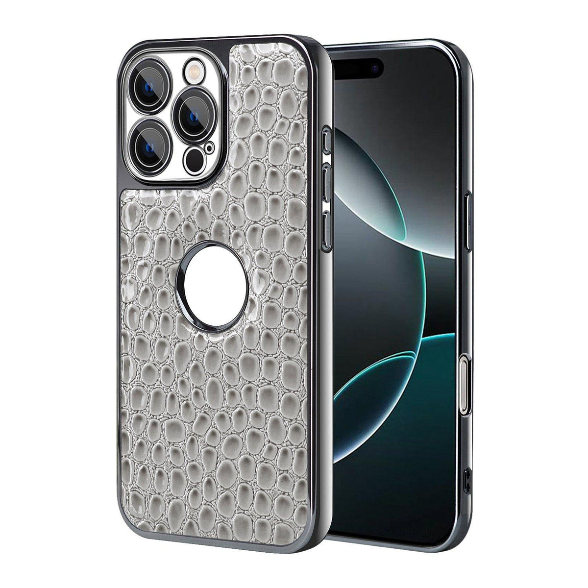 For iPhone 16 Pro Pearl Crocodile Texture Electroplated Frame PC + Vegan Leather Phone Case - Gray - EDA009690102A