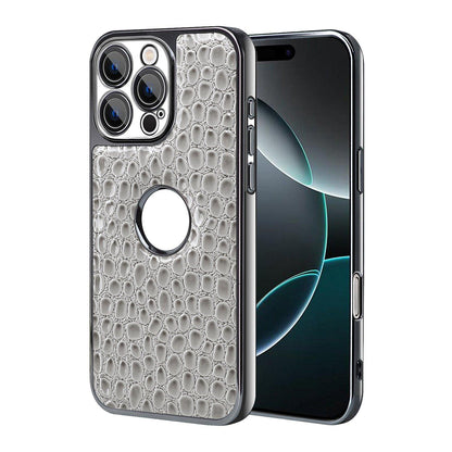For iPhone 16 Pro Pearl Crocodile Texture Electroplated Frame PC + Vegan Leather Phone Case - Gray - EDA009690102A