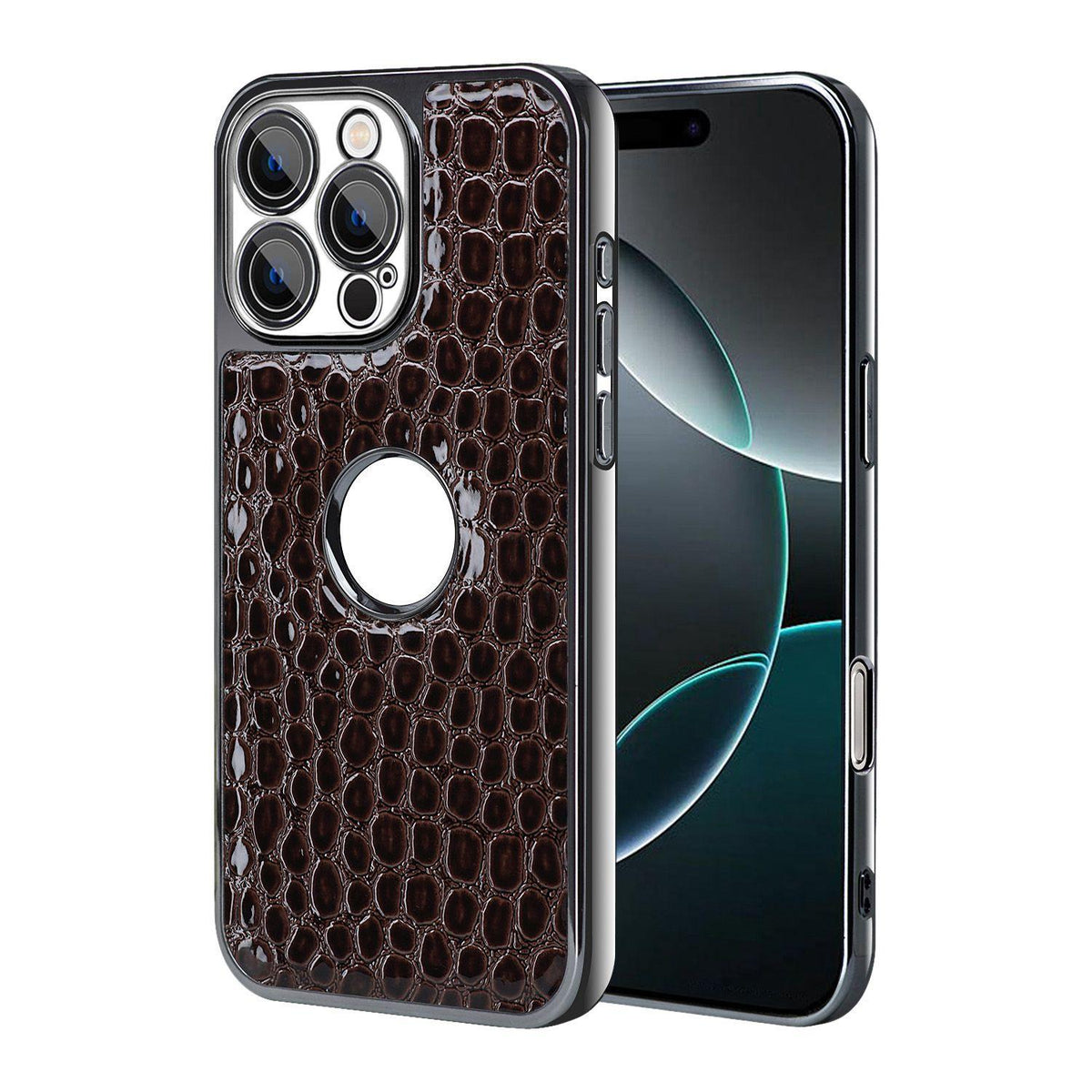 For iPhone 16 Pro Pearl Crocodile Texture Electroplated Frame PC + Vegan Leather Phone Case - Dark Brown - EDA009690102B