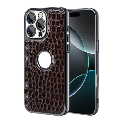 For iPhone 16 Pro Pearl Crocodile Texture Electroplated Frame PC + Vegan Leather Phone Case - Dark Brown - EDA009690102B