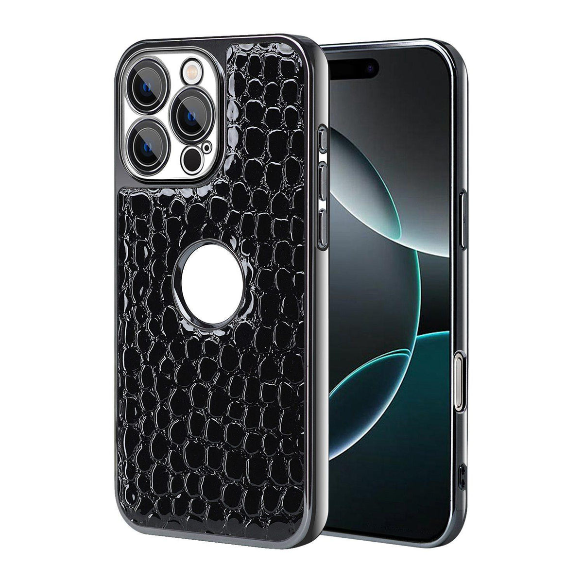 For iPhone 16 Pro Pearl Crocodile Texture Electroplated Frame PC + Vegan Leather Phone Case - Black - EDA009690102C