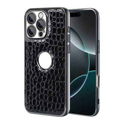 For iPhone 16 Pro Pearl Crocodile Texture Electroplated Frame PC + Vegan Leather Phone Case - Black - EDA009690102C