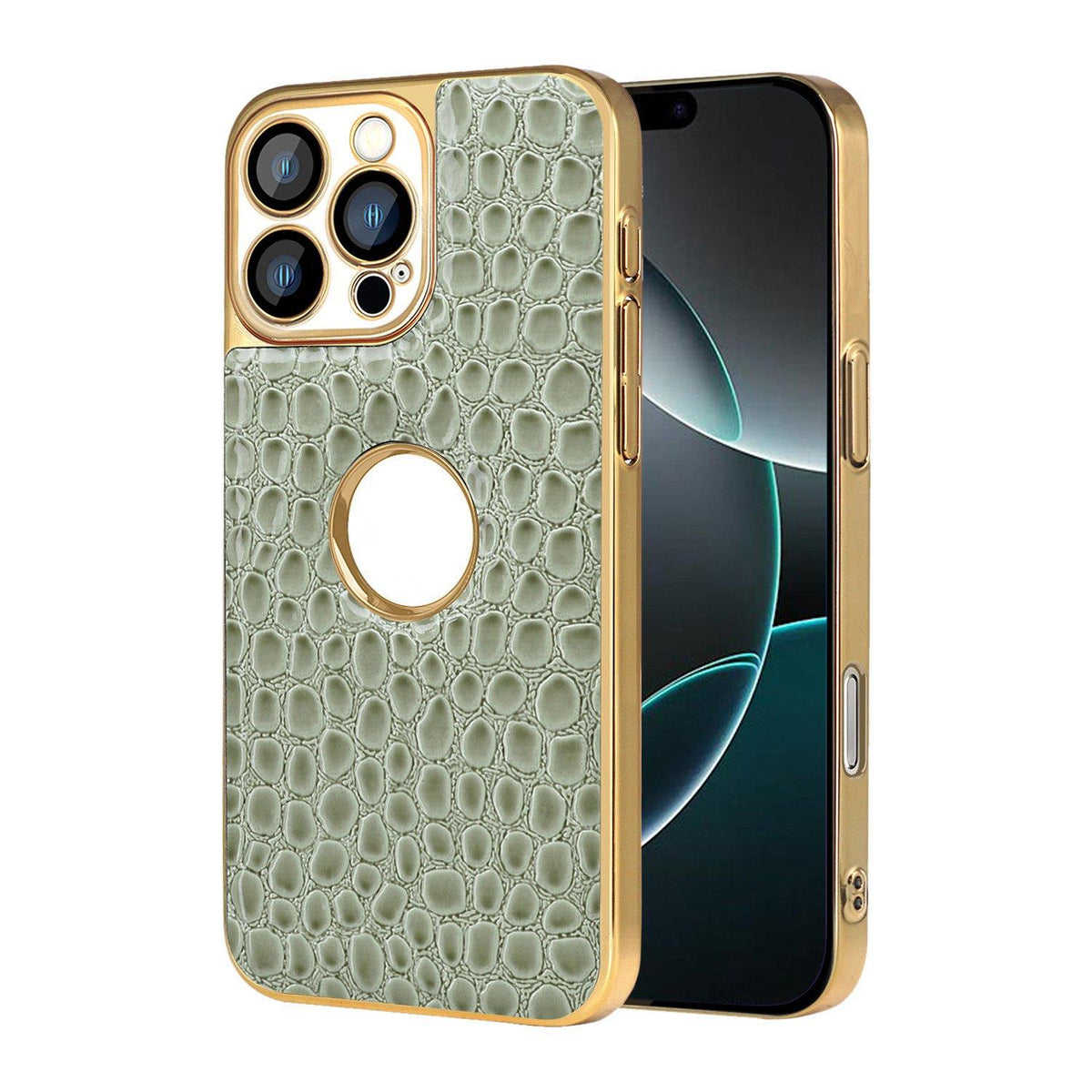 For iPhone 16 Pro Pearl Crocodile Texture Electroplated Frame PC + Vegan Leather Phone Case - Green - EDA009690102D