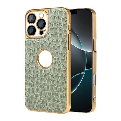 For iPhone 16 Pro Pearl Crocodile Texture Electroplated Frame PC + Vegan Leather Phone Case - Green - EDA009690102D