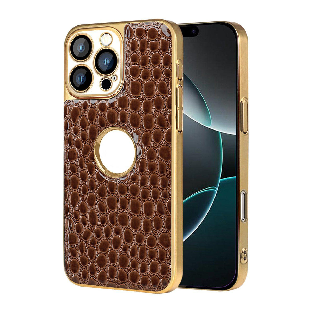 For iPhone 16 Pro Pearl Crocodile Texture Electroplated Frame PC + Vegan Leather Phone Case - Brown - EDA009690102E