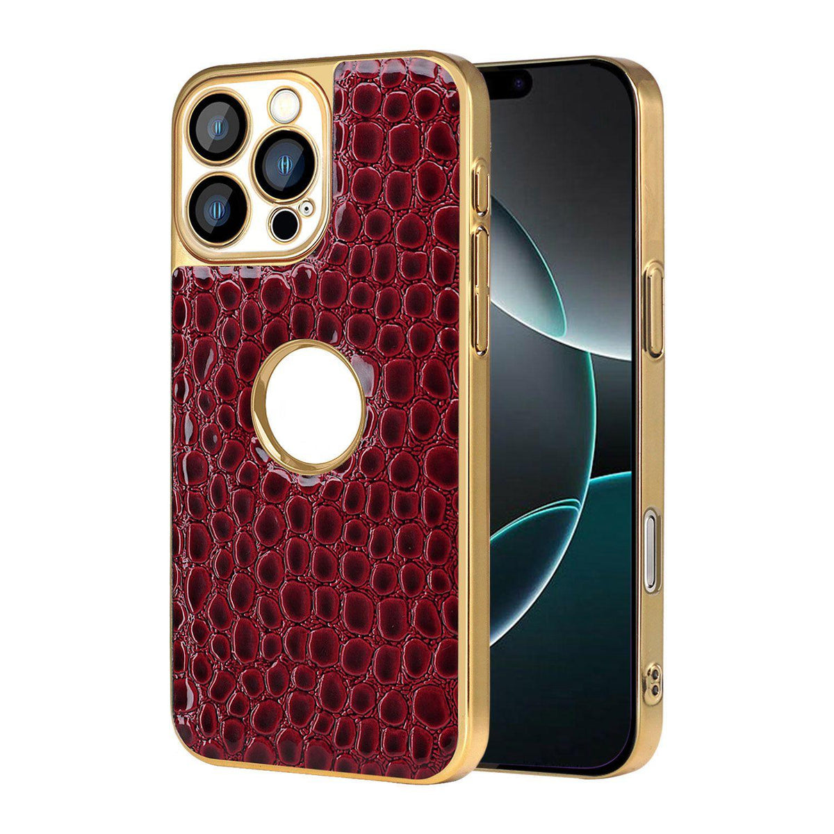 For iPhone 16 Pro Pearl Crocodile Texture Electroplated Frame PC + Vegan Leather Phone Case - Red - EDA009690102F