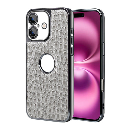 For iPhone 16 Plus Pearl Crocodile Texture Electroplated Frame PC + Vegan Leather Phone Case - Gray - EDA009690103A