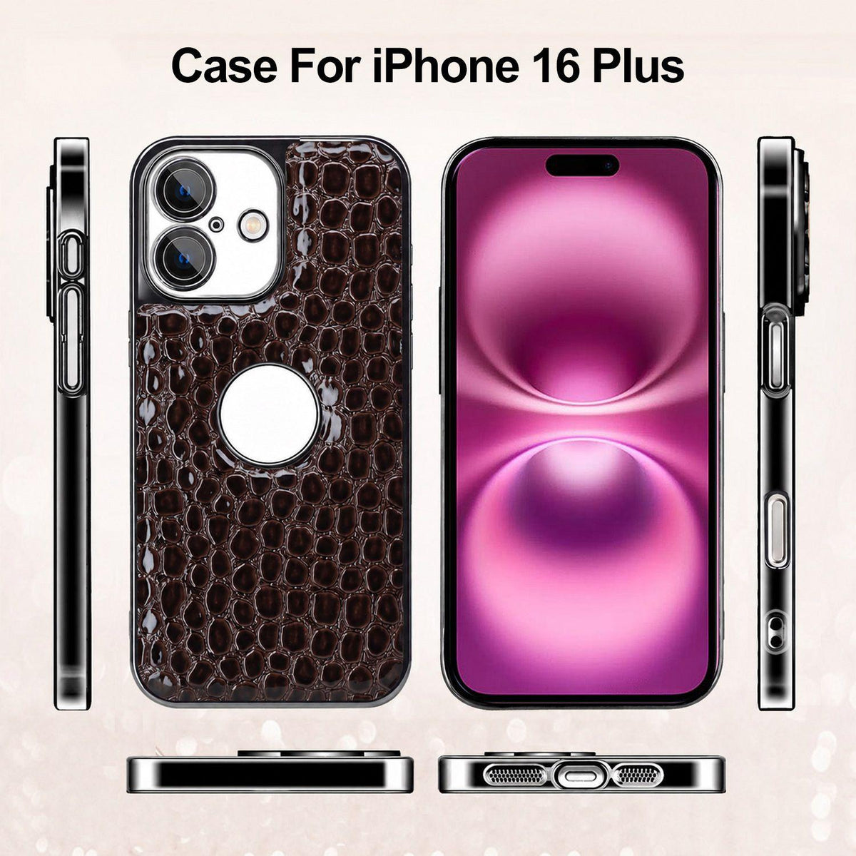 For iPhone 16 Plus Pearl Crocodile Texture Electroplated Frame PC + Vegan Leather Phone Case - Gray - EDA009690103A