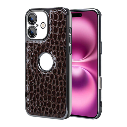 For iPhone 16 Plus Pearl Crocodile Texture Electroplated Frame PC + Vegan Leather Phone Case - Dark Brown - EDA009690103B