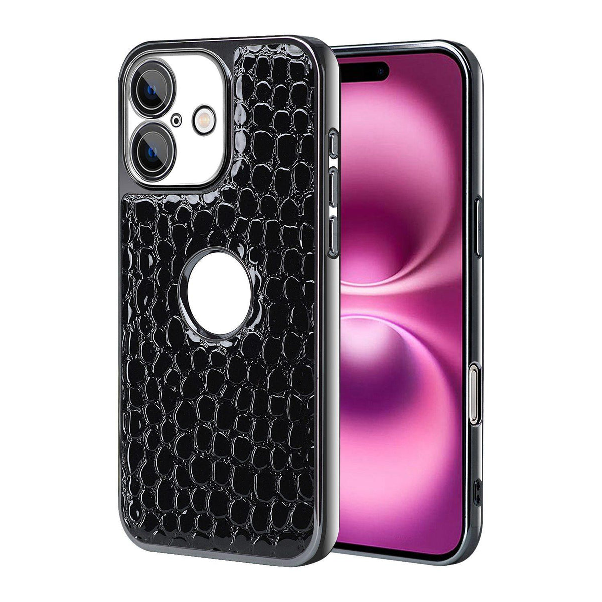 For iPhone 16 Plus Pearl Crocodile Texture Electroplated Frame PC + Vegan Leather Phone Case - Black - EDA009690103C
