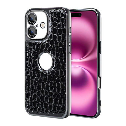 For iPhone 16 Plus Pearl Crocodile Texture Electroplated Frame PC + Vegan Leather Phone Case - Black - EDA009690103C