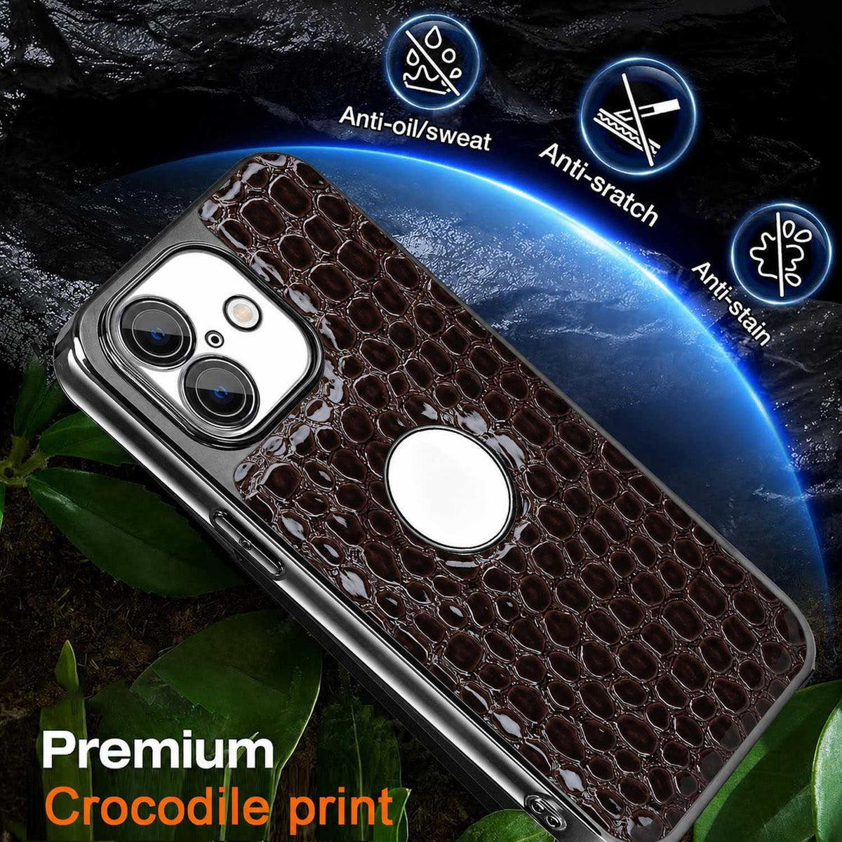 For iPhone 16 Plus Pearl Crocodile Texture Electroplated Frame PC + Vegan Leather Phone Case - Black - EDA009690103C