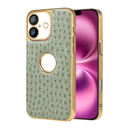 For iPhone 16 Plus Pearl Crocodile Texture Electroplated Frame PC + Vegan Leather Phone Case - Green - EDA009690103D