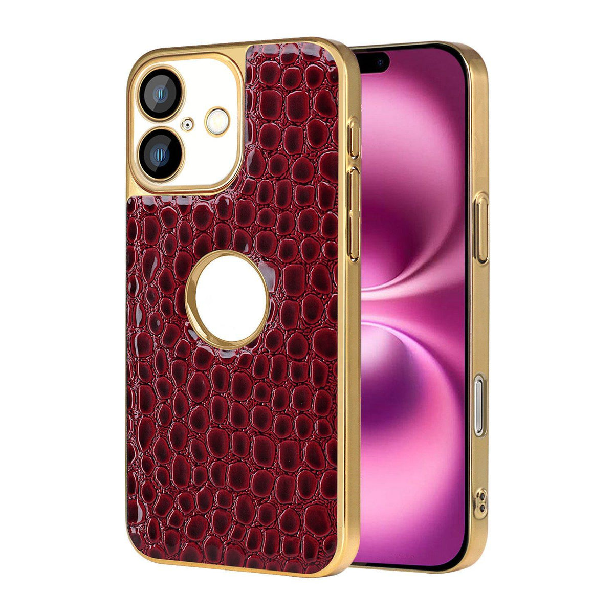 For iPhone 16 Plus Pearl Crocodile Texture Electroplated Frame PC + Vegan Leather Phone Case - Red - EDA009690103F