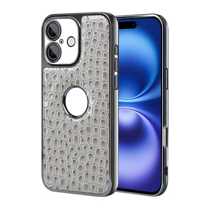 For iPhone 16 Pearl Crocodile Texture Electroplated Frame PC + Vegan Leather Phone Case - Gray - EDA009690104A