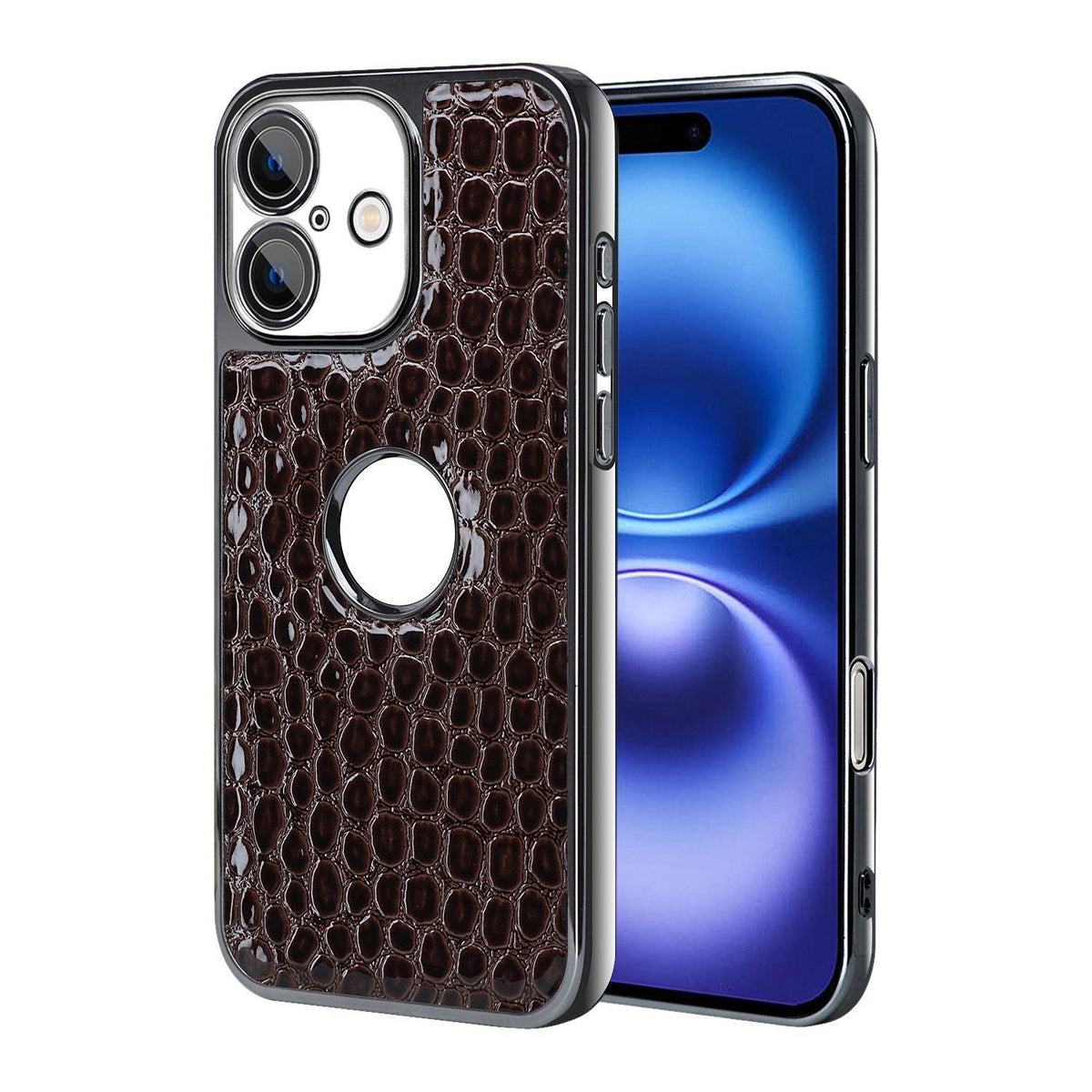 For iPhone 16 Pearl Crocodile Texture Electroplated Frame PC + Vegan Leather Phone Case - Dark Brown - EDA009690104B